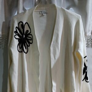 Cream Open-Front Women's Cardigan with Black Floral Appliqué